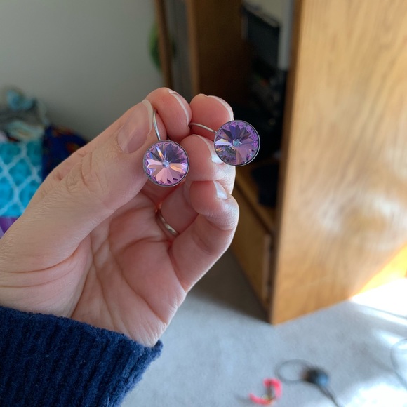 Purple/Green Iridescent Glass Earrings Silver Trim - Picture 3 of 6